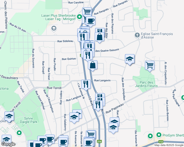 map of restaurants, bars, coffee shops, grocery stores, and more near 690 13e Avenue Nord in Sherbrooke