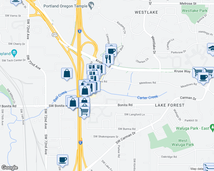 map of restaurants, bars, coffee shops, grocery stores, and more near 6100 Meadows Road in Lake Oswego