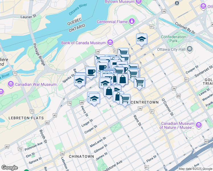 map of restaurants, bars, coffee shops, grocery stores, and more near 440 Laurier Avenue West in Ottawa
