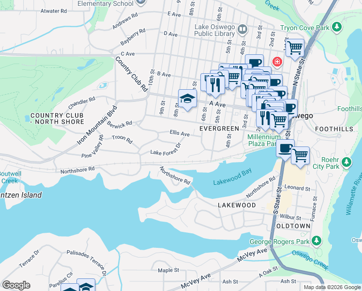 map of restaurants, bars, coffee shops, grocery stores, and more near 752 Lake Forest Drive in Lake Oswego