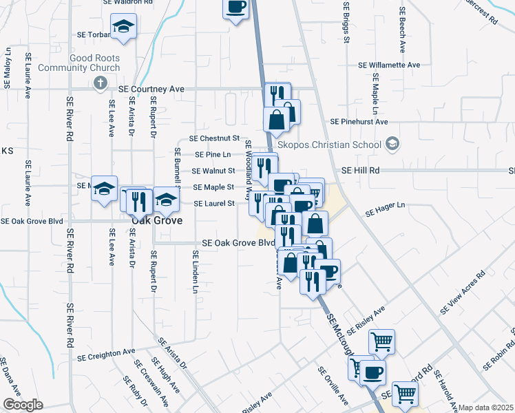 map of restaurants, bars, coffee shops, grocery stores, and more near 2898 Southeast Laurel Street in Milwaukie