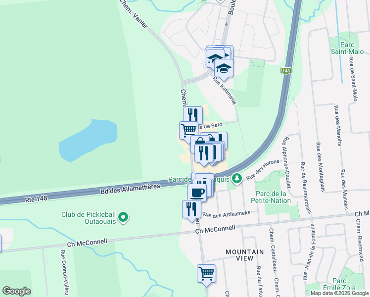 map of restaurants, bars, coffee shops, grocery stores, and more near 490 Chemin Vanier in Gatineau