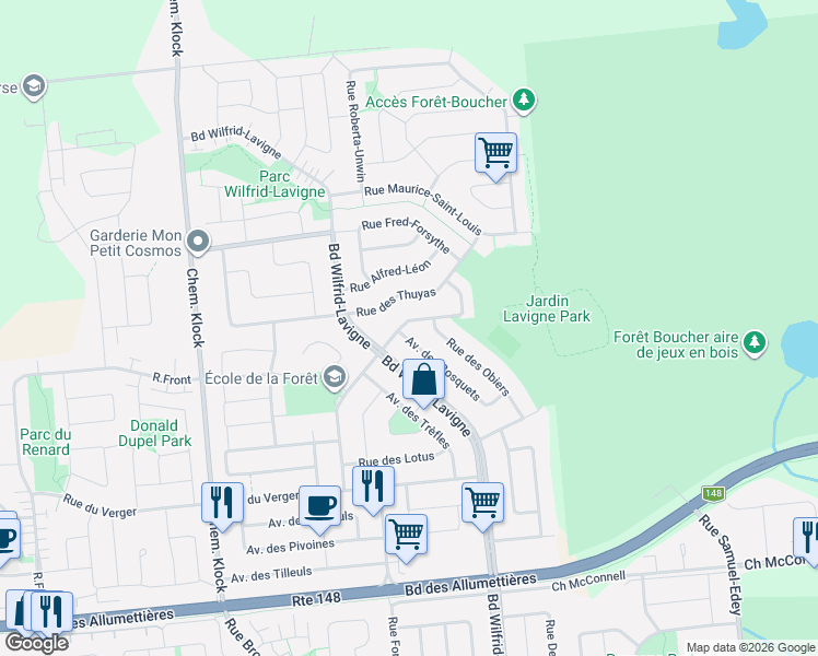 map of restaurants, bars, coffee shops, grocery stores, and more near 244 Avenue du Bois-Franc in Gatineau