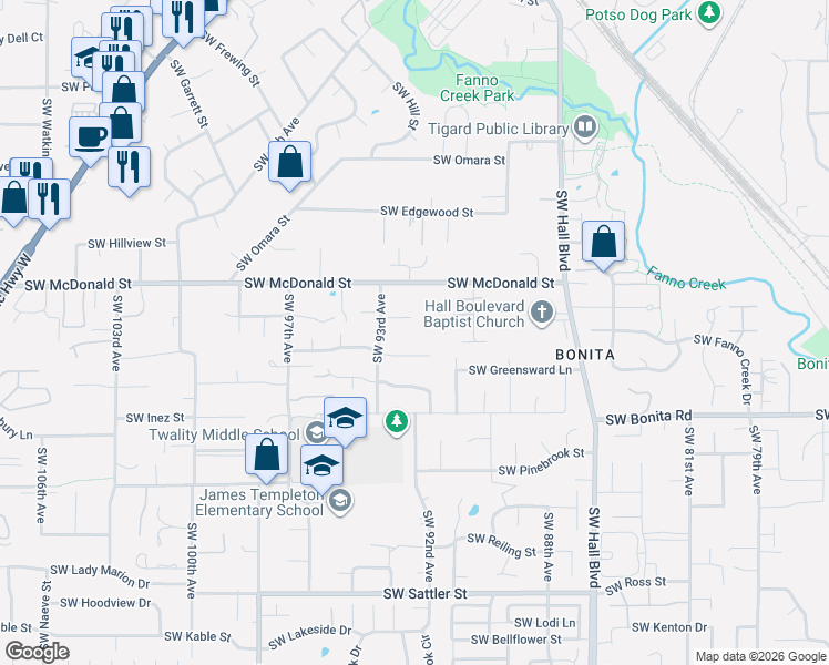map of restaurants, bars, coffee shops, grocery stores, and more near 9235 Southwest Mountain View Lane in Tigard
