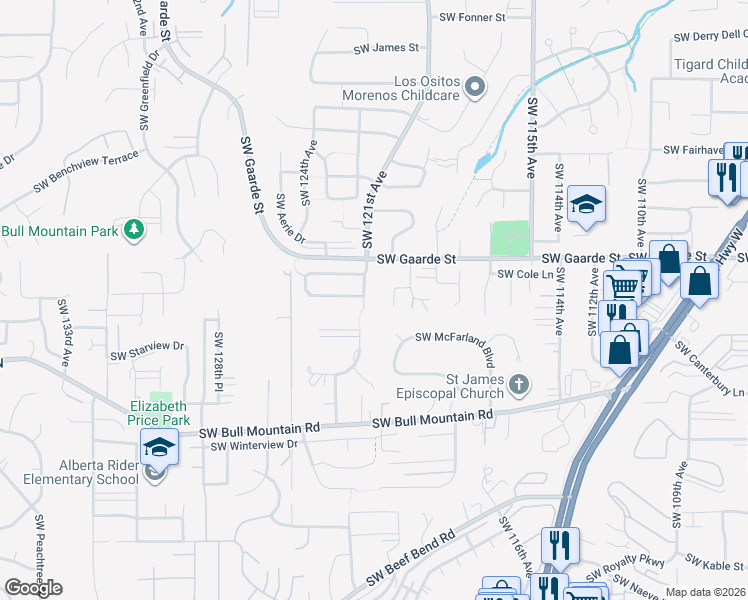 map of restaurants, bars, coffee shops, grocery stores, and more near 14210 Southwest 121st Avenue in Tigard