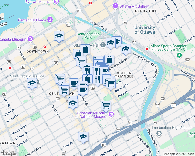 map of restaurants, bars, coffee shops, grocery stores, and more near 200 Somerset Street West in Ottawa
