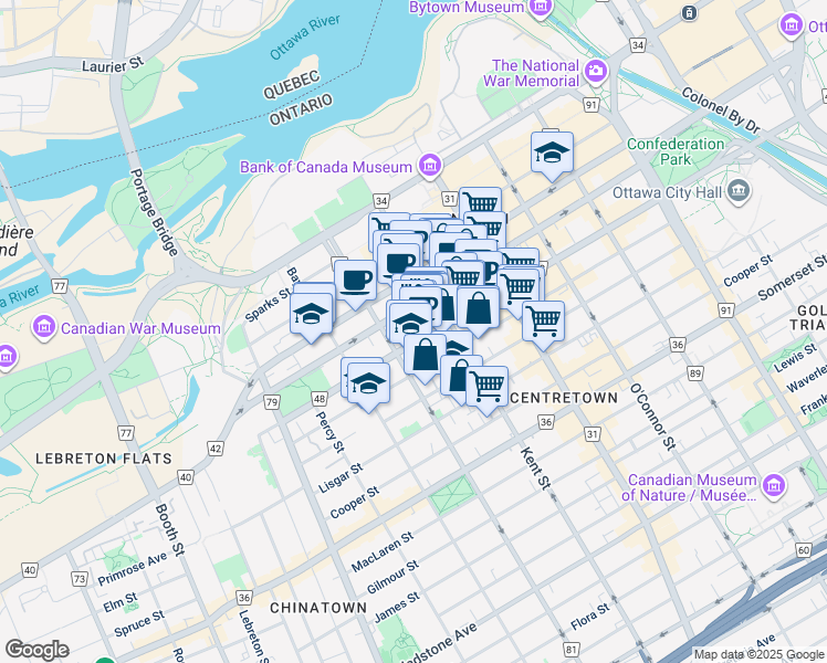 map of restaurants, bars, coffee shops, grocery stores, and more near 440 Laurier Avenue West in Ottawa