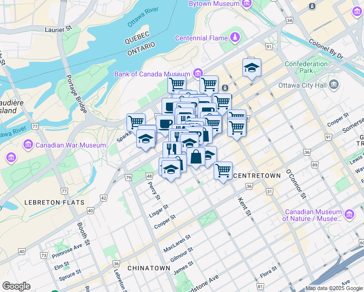 map of restaurants, bars, coffee shops, grocery stores, and more near 185 Lyon Street North in Ottawa