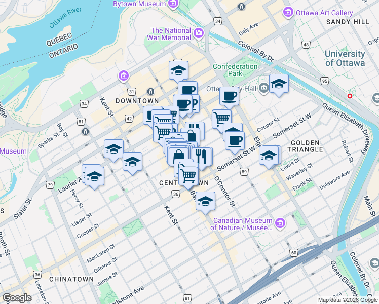 map of restaurants, bars, coffee shops, grocery stores, and more near 287 Lisgar Street in Ottawa