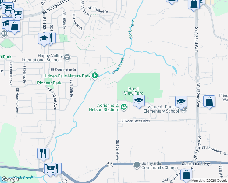 map of restaurants, bars, coffee shops, grocery stores, and more near 14401 Southeast 162nd Avenue in Clackamas