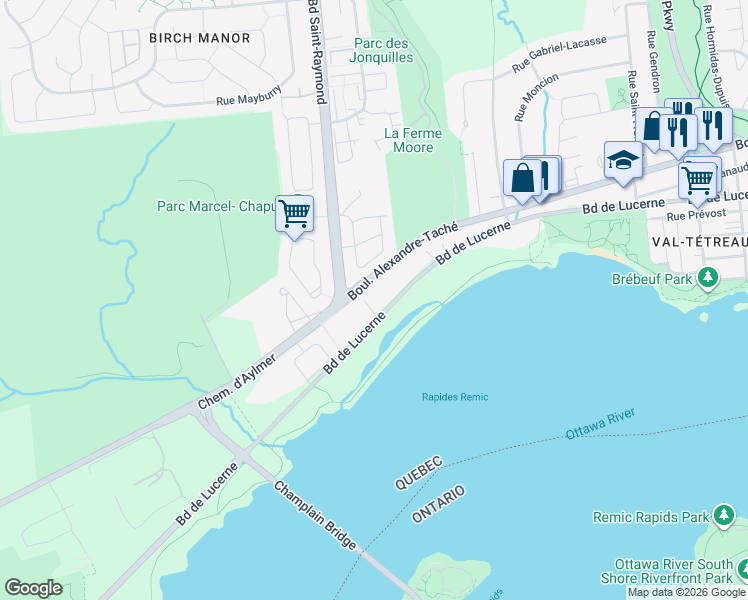 map of restaurants, bars, coffee shops, grocery stores, and more near 156 Boulevard de Lucerne in Gatineau