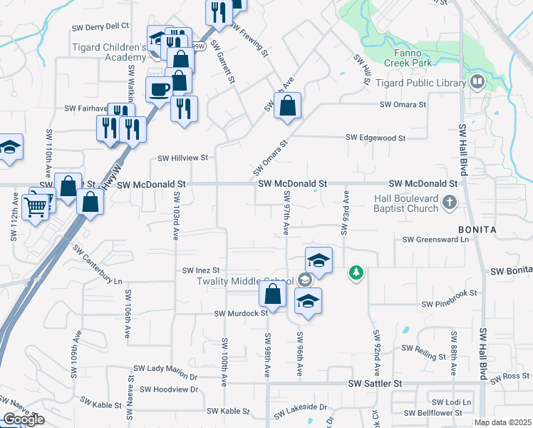 map of restaurants, bars, coffee shops, grocery stores, and more near 14135 Southwest 97th Place in Portland