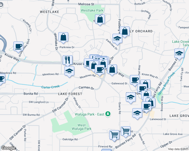 map of restaurants, bars, coffee shops, grocery stores, and more near 5005 Meadows Road in Lake Oswego