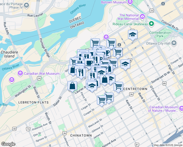map of restaurants, bars, coffee shops, grocery stores, and more near 391 Slater Street in Ottawa
