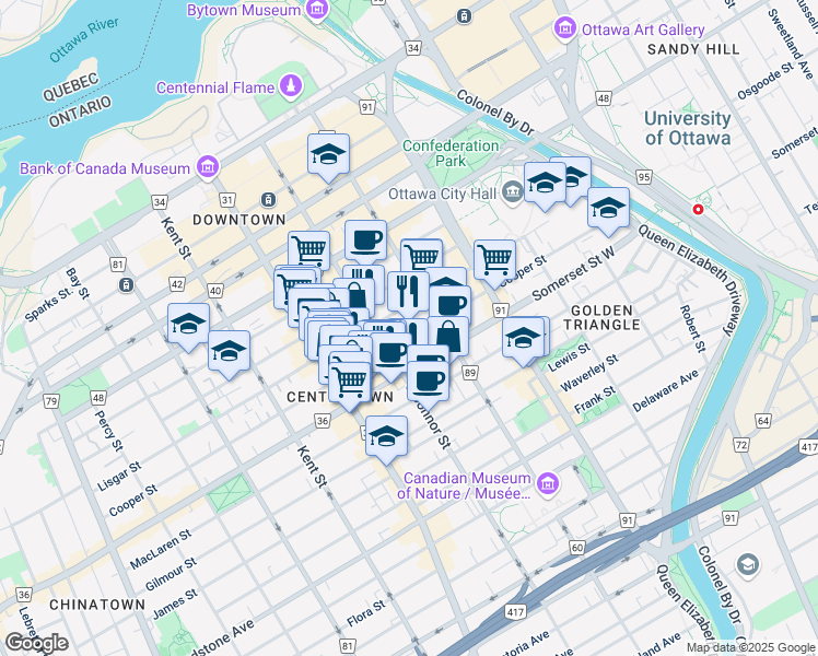 map of restaurants, bars, coffee shops, grocery stores, and more near in Ottawa
