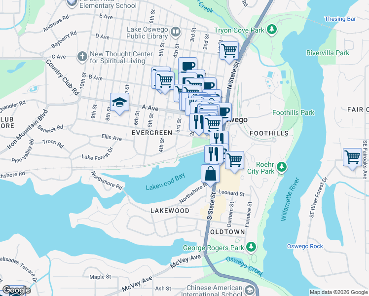 map of restaurants, bars, coffee shops, grocery stores, and more near 125 3rd Street in Lake Oswego