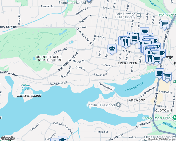 map of restaurants, bars, coffee shops, grocery stores, and more near 1011 Troon Road in Lake Oswego
