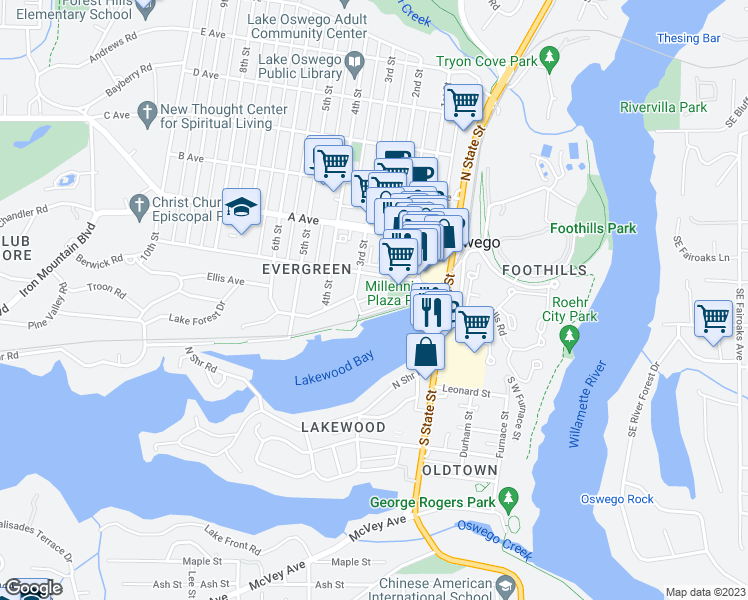 map of restaurants, bars, coffee shops, grocery stores, and more near 125 3rd Street in Lake Oswego