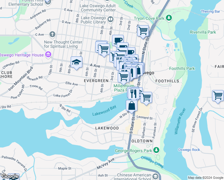 map of restaurants, bars, coffee shops, grocery stores, and more near 125 3rd Street in Lake Oswego