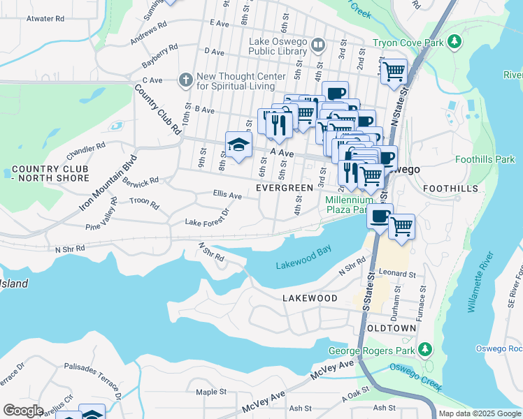 map of restaurants, bars, coffee shops, grocery stores, and more near 104 5th Street in Lake Oswego