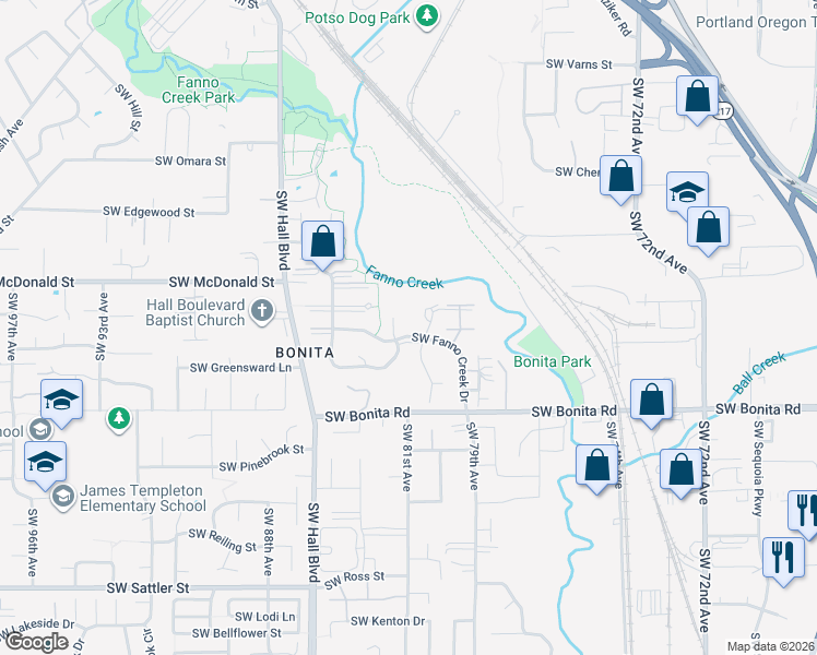 map of restaurants, bars, coffee shops, grocery stores, and more near 7990 Southwest Fanno Creek Drive in Tigard