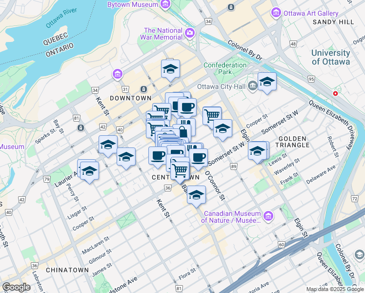 map of restaurants, bars, coffee shops, grocery stores, and more near 355 Cooper Street in Ottawa