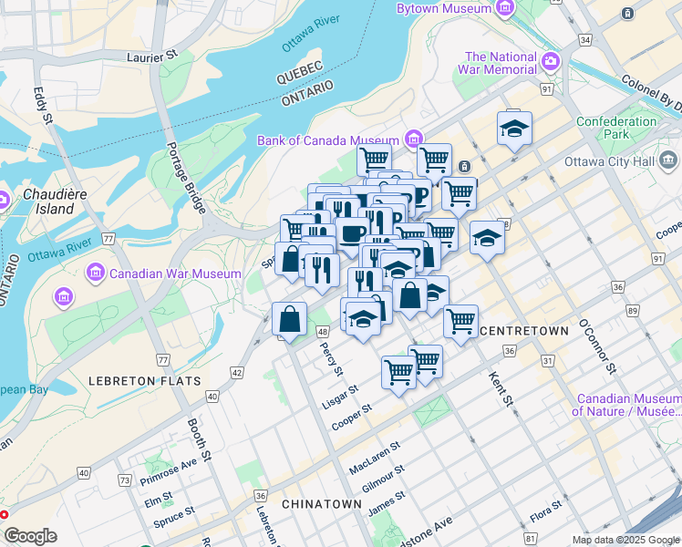 map of restaurants, bars, coffee shops, grocery stores, and more near in Ottawa