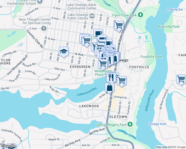 map of restaurants, bars, coffee shops, grocery stores, and more near 125 3rd Street in Lake Oswego