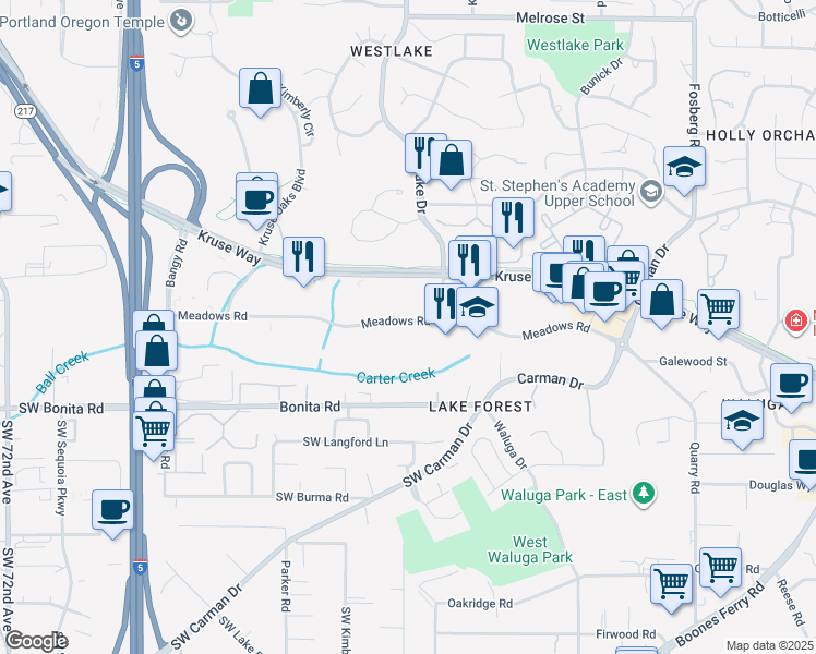 map of restaurants, bars, coffee shops, grocery stores, and more near 5400 Meadows Road in Lake Oswego