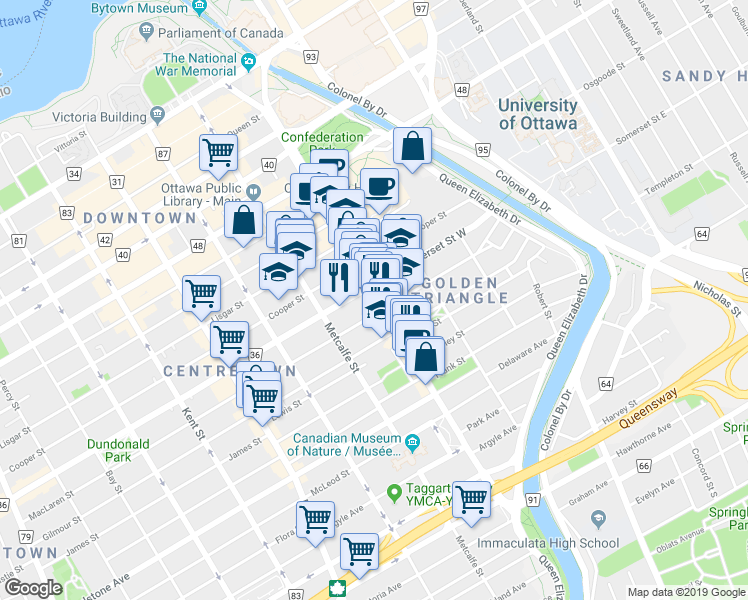 map of restaurants, bars, coffee shops, grocery stores, and more near 276 Elgin Street in Ottawa