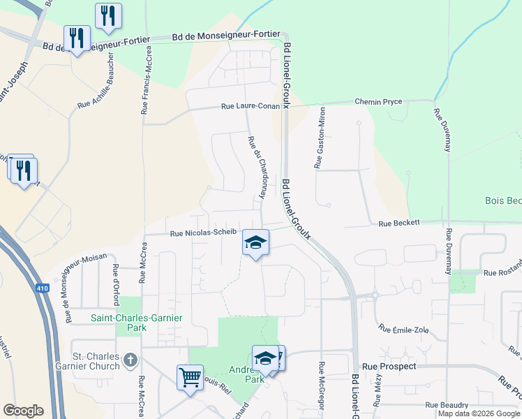 map of restaurants, bars, coffee shops, grocery stores, and more near Rue du Chardonnay in Sherbrooke