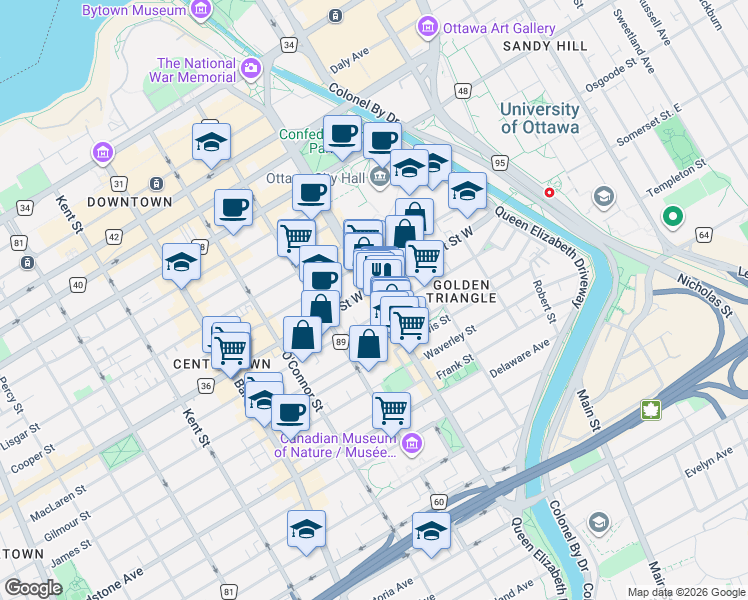map of restaurants, bars, coffee shops, grocery stores, and more near 274 Elgin Street in Ottawa