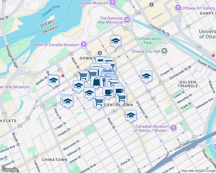 map of restaurants, bars, coffee shops, grocery stores, and more near 202 Bank Street in Ottawa