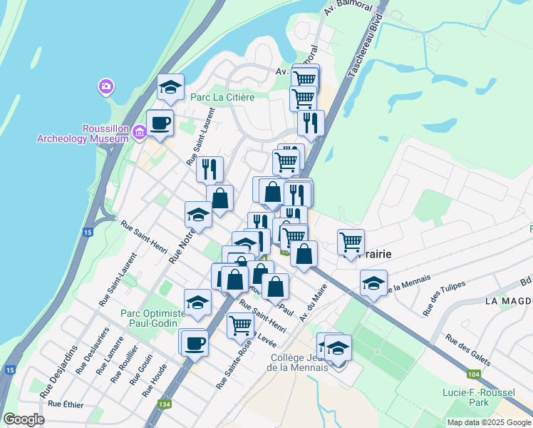 map of restaurants, bars, coffee shops, grocery stores, and more near 170 Boulevard Taschereau in La Prairie
