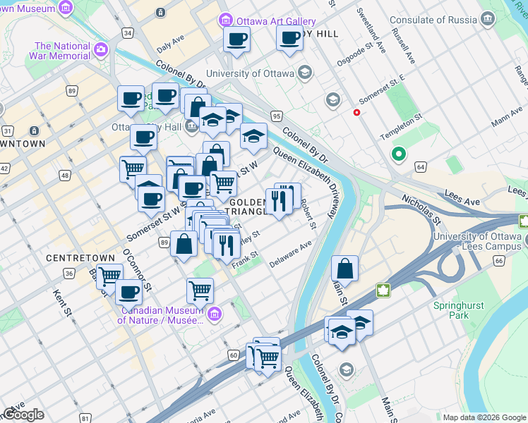 map of restaurants, bars, coffee shops, grocery stores, and more near 10 Lewis Street in Ottawa