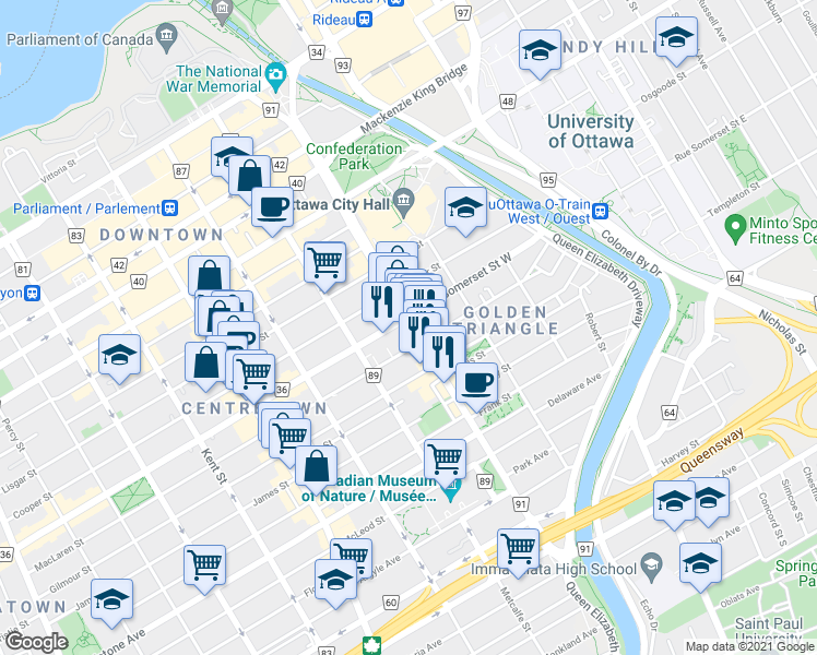 map of restaurants, bars, coffee shops, grocery stores, and more near 272 Elgin Street in Ottawa