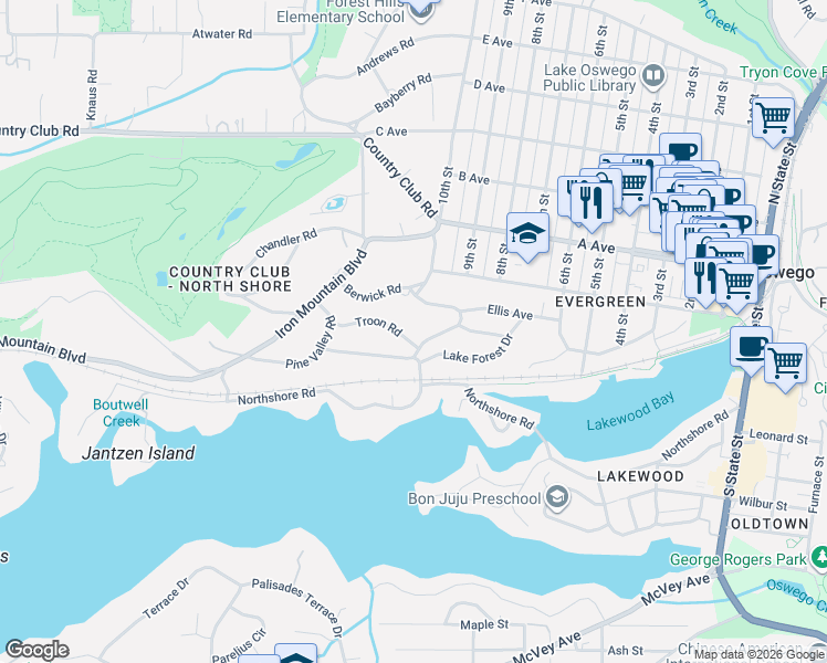 map of restaurants, bars, coffee shops, grocery stores, and more near 27 Berwick Road in Lake Oswego