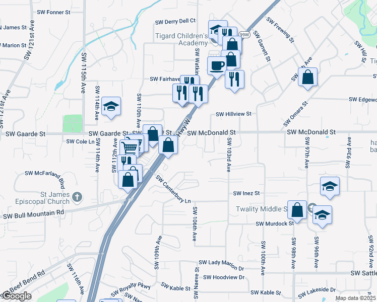 map of restaurants, bars, coffee shops, grocery stores, and more near 14180 Southwest Pacific Highway in Portland