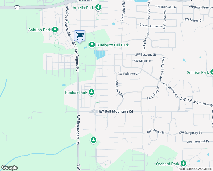 map of restaurants, bars, coffee shops, grocery stores, and more near 14218 Southwest 165th Street in Tigard