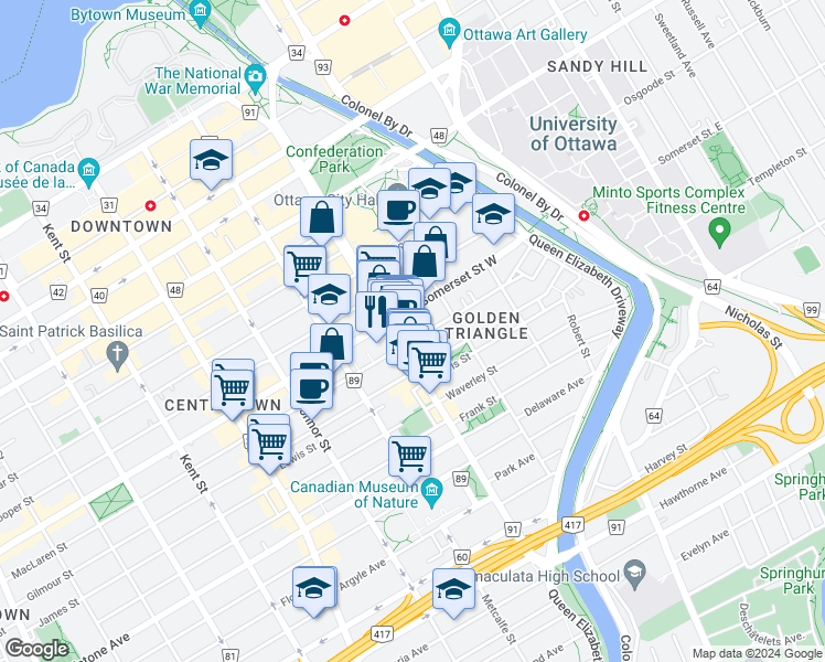 map of restaurants, bars, coffee shops, grocery stores, and more near in Ottawa