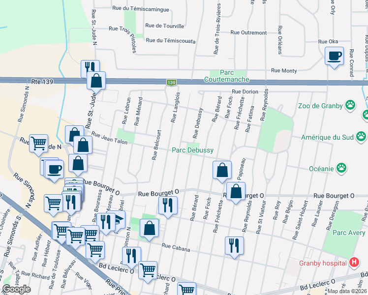map of restaurants, bars, coffee shops, grocery stores, and more near 387 Rue Desjardins North in Granby