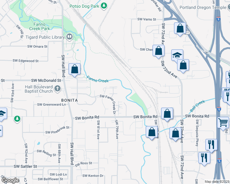 map of restaurants, bars, coffee shops, grocery stores, and more near 7885 Southwest Fanno Creek Drive in Tigard