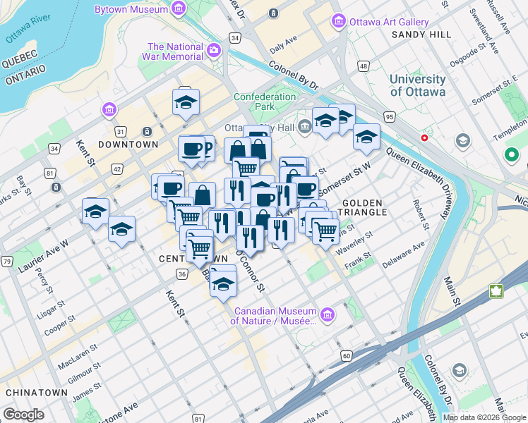 map of restaurants, bars, coffee shops, grocery stores, and more near 225 Metcalfe Street in Ottawa