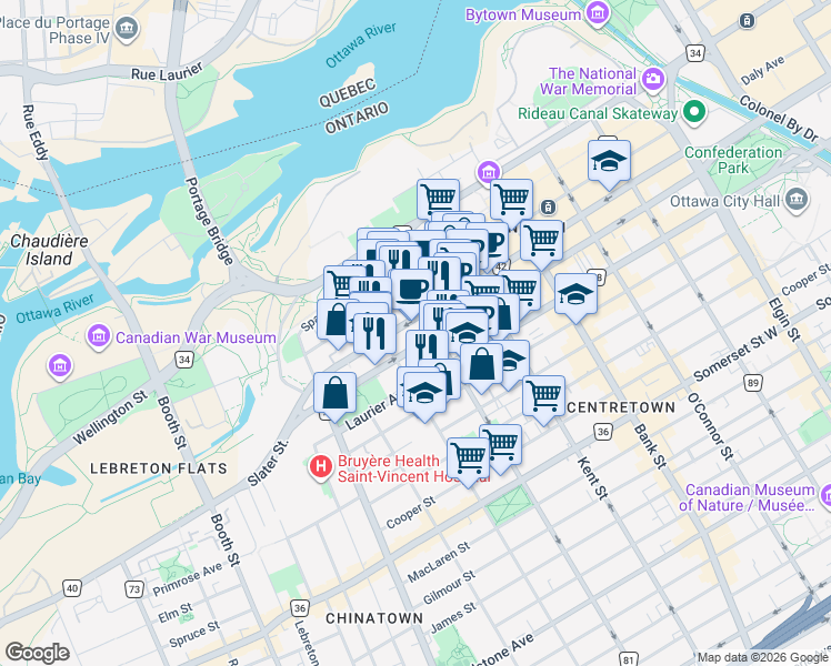 map of restaurants, bars, coffee shops, grocery stores, and more near 400 Albert Street in Ottawa