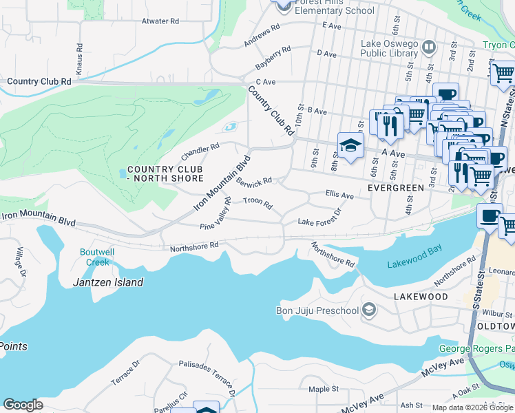 map of restaurants, bars, coffee shops, grocery stores, and more near 1055 Westward Ho Road in Lake Oswego