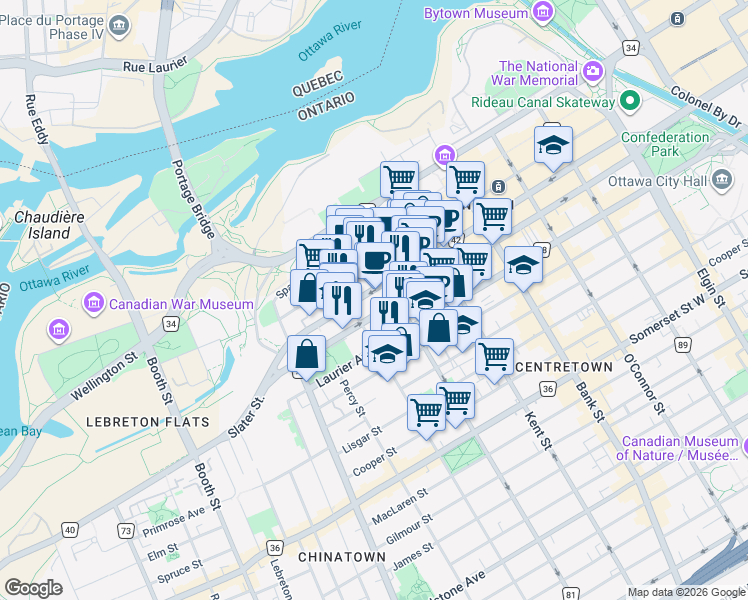 map of restaurants, bars, coffee shops, grocery stores, and more near 400 Albert Street in Ottawa