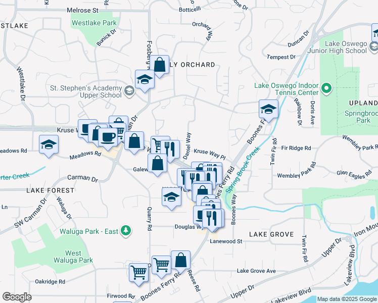 map of restaurants, bars, coffee shops, grocery stores, and more near 4550 Kruse Way Place in Lake Oswego