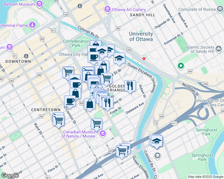 map of restaurants, bars, coffee shops, grocery stores, and more near 77 Cartier Street in Ottawa