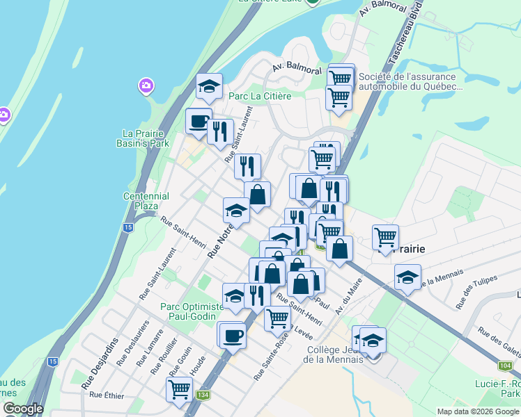 map of restaurants, bars, coffee shops, grocery stores, and more near 342 Chemin de Saint-Jean in La Prairie