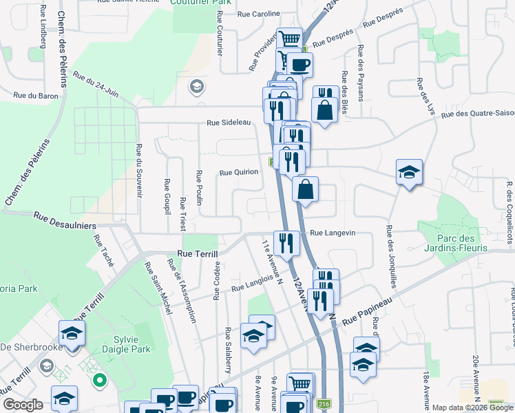 map of restaurants, bars, coffee shops, grocery stores, and more near 677 12 Avenue North in Sherbrooke